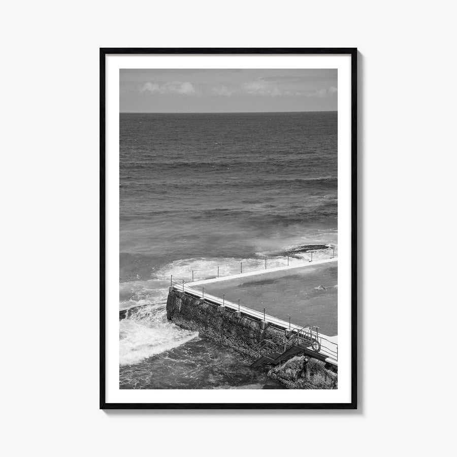 Bondi Beach no. 1 black & white photo poster of Sydney, New South Wales – vertical wall art, unframed print shown in interior