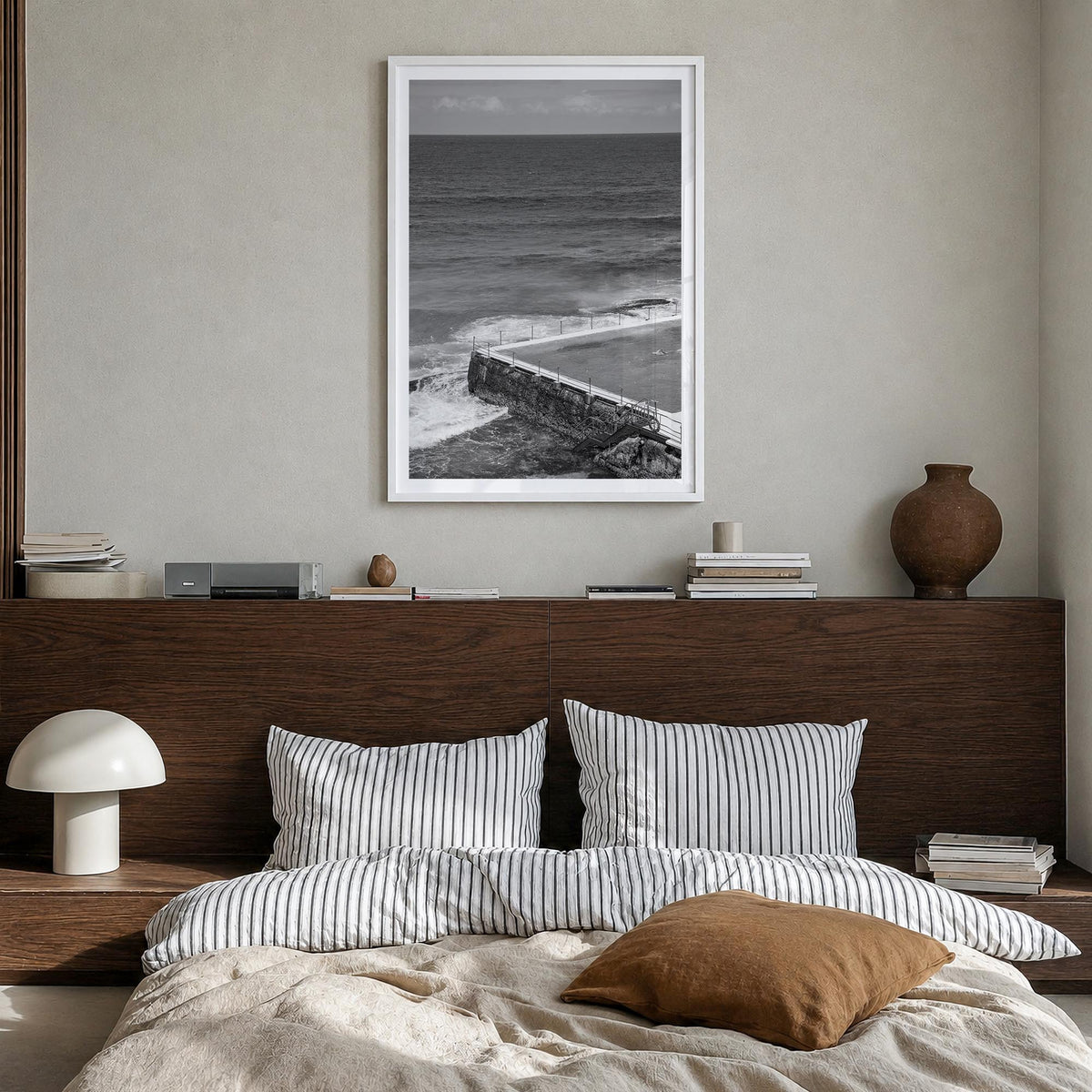 Bondi Beach no. 1 black & white photo poster of Sydney, New South Wales – vertical wall art in white wood frame with white bo