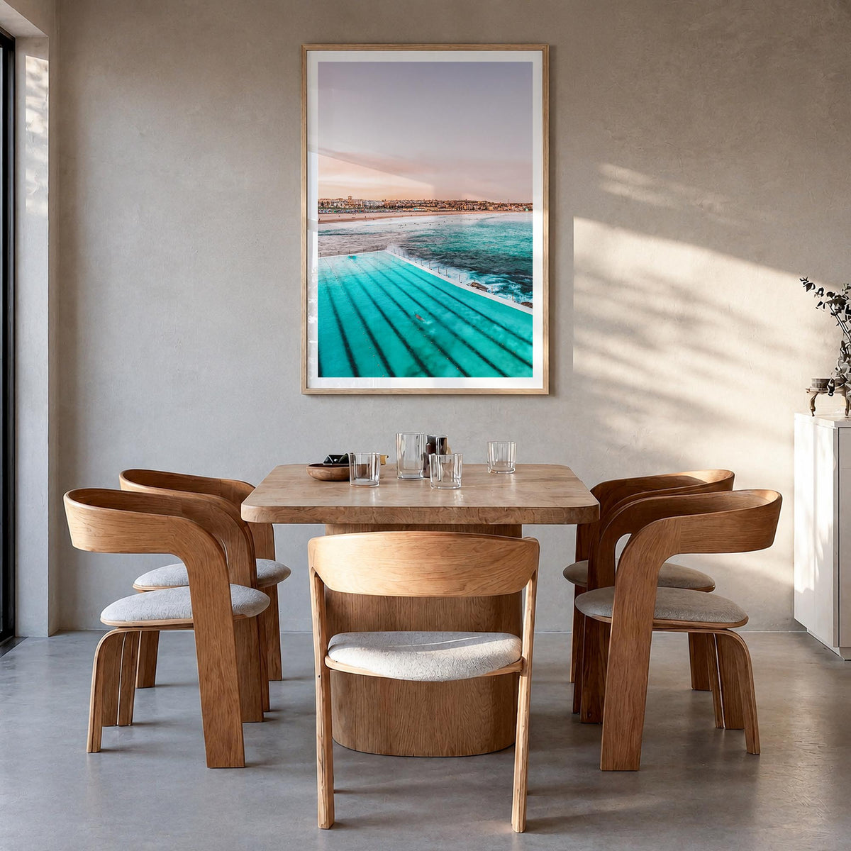 Bondi Beach no. 1 colorful photo poster of Sydney, New South Wales – vertical wall art in natural wood frame with white borde
