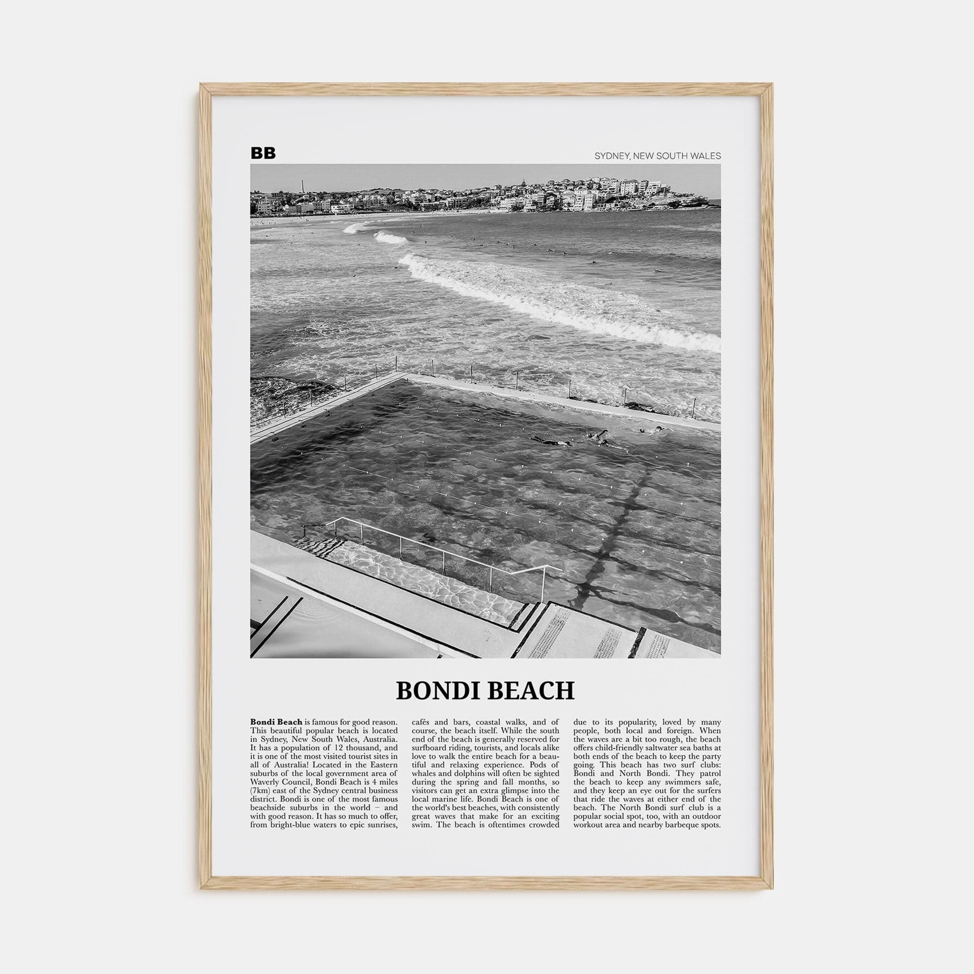 Bondi Beach No 1 Poster Natural Wood / 8x12 in Nbourhood Travel B&W Poster