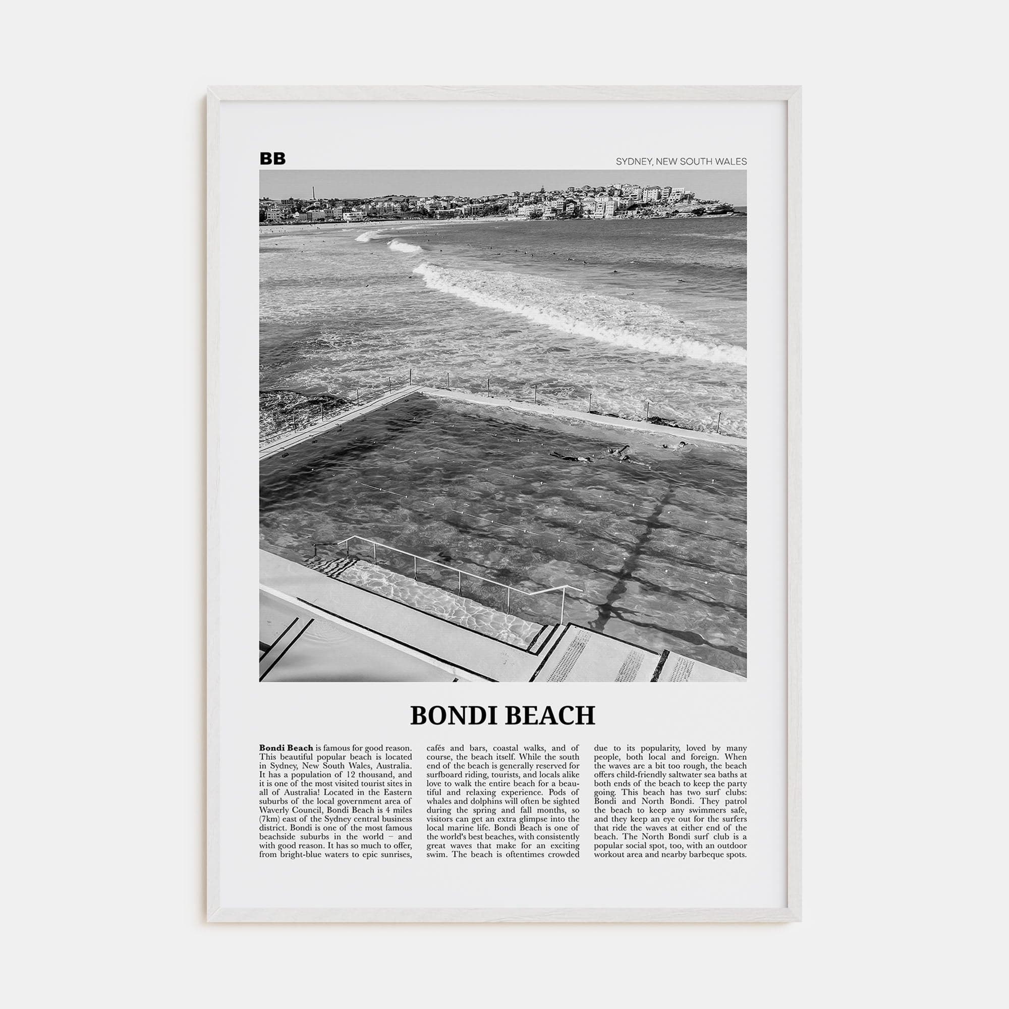 Bondi Beach No 1 Poster White Wood / 8x12 in Nbourhood Travel B&W Poster