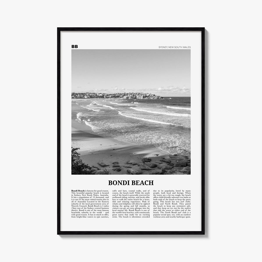 Bondi Beach no. 2 black & white newspaper poster of Sydney, New South Wales – vertical wall art, unframed print shown in inte