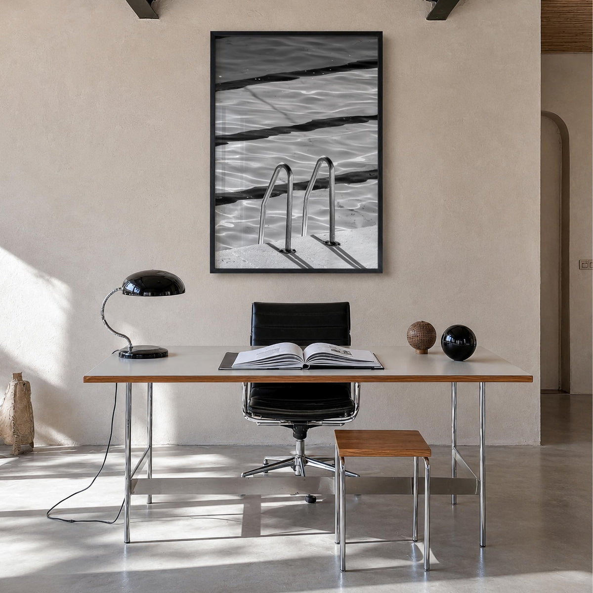 Bondi Beach no. 2 black & white photo poster of Sydney, New South Wales – vertical wall art in black wood frame, hanging on w