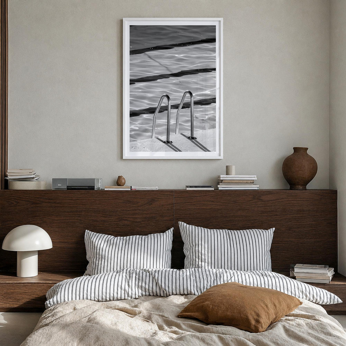 Bondi Beach no. 2 black & white photo poster of Sydney, New South Wales – vertical wall art in white wood frame with white bo