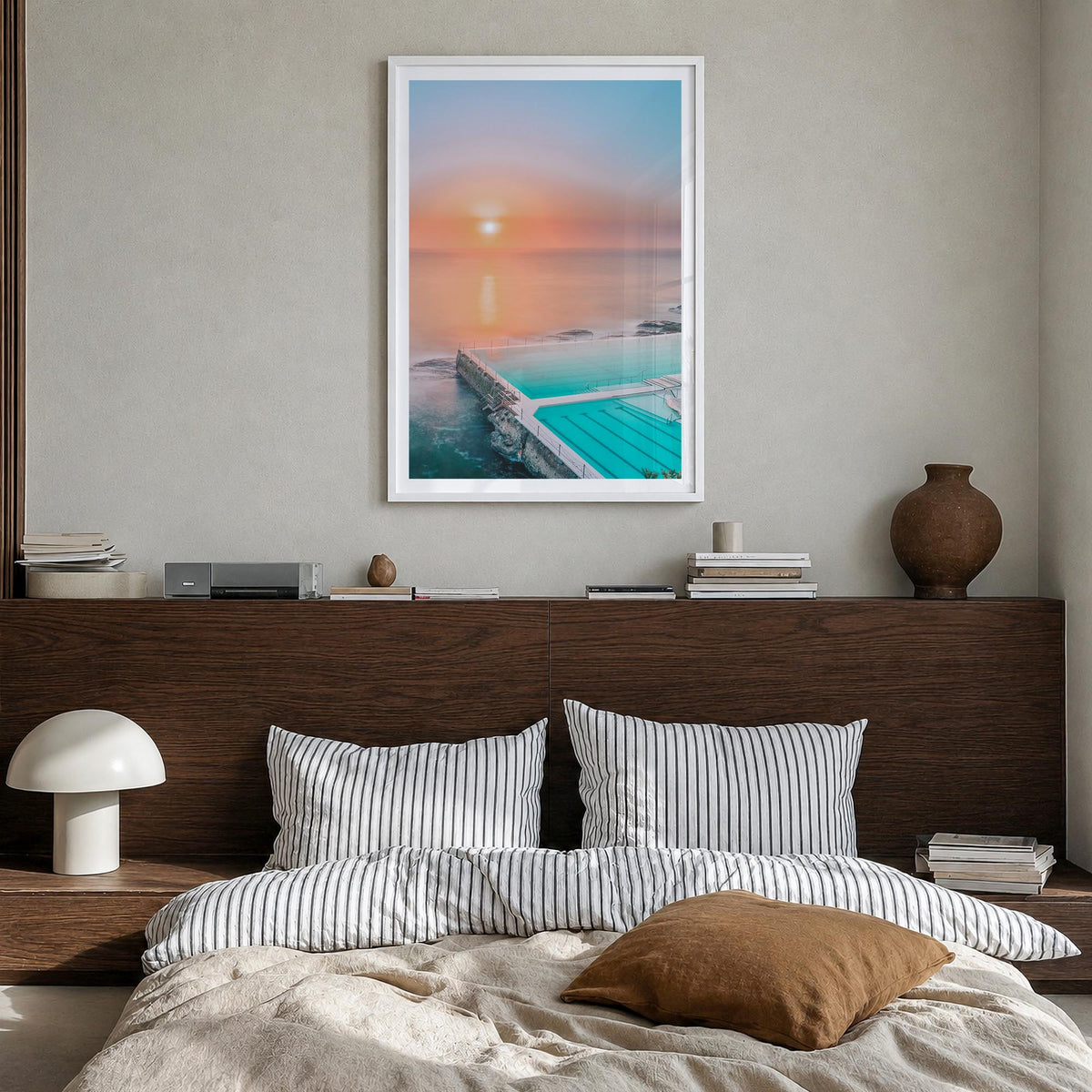 Bondi Beach no. 2 colorful photo poster of Sydney, New South Wales – vertical wall art in white wood frame with white border,
