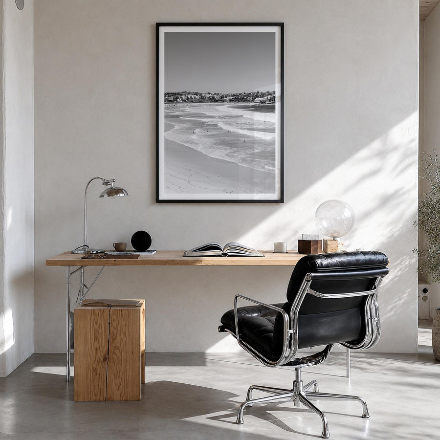 Bondi Beach no. 3 black & white photo poster of Sydney, New South Wales – vertical wall art in black wood frame with white bo