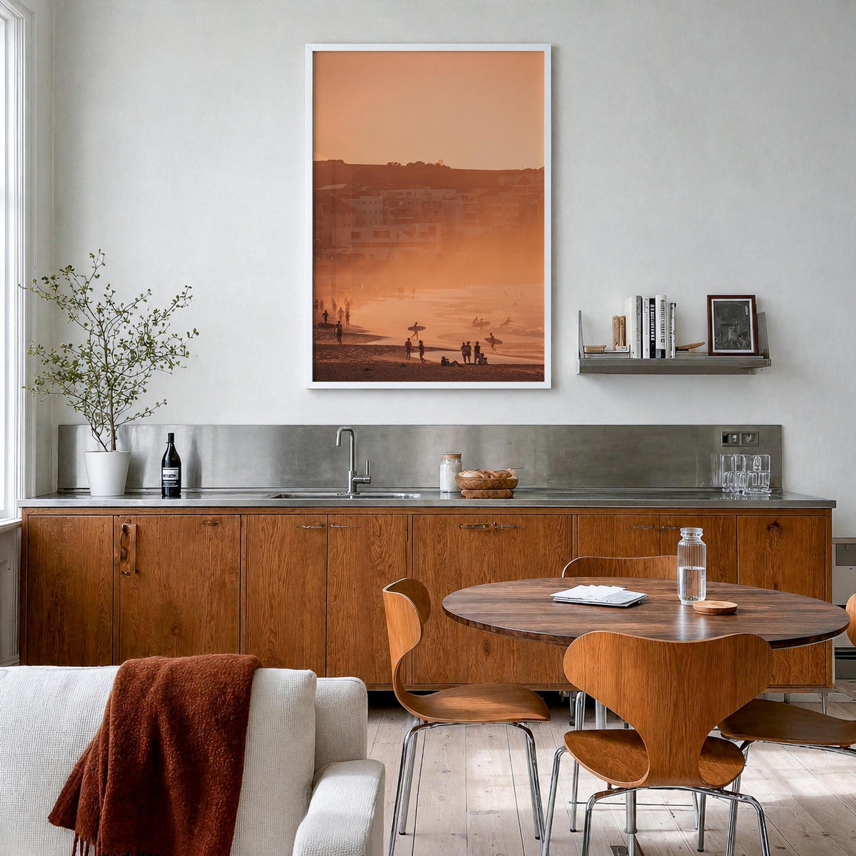 Bondi Beach no. 3 colorful photo poster of Sydney, New South Wales – vertical wall art in white wood frame, hanging on wall