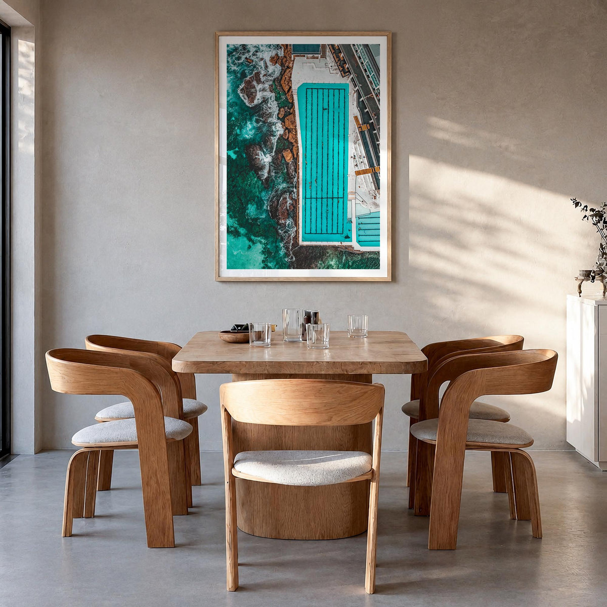 Bondi Beach no. 4 colorful photo poster of Sydney, New South Wales – vertical wall art in natural wood frame with white borde