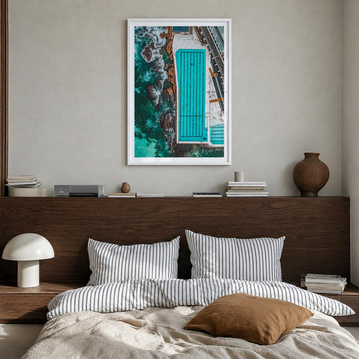 Bondi Beach no. 4 colorful photo poster of Sydney, New South Wales – vertical wall art in white wood frame with white border,
