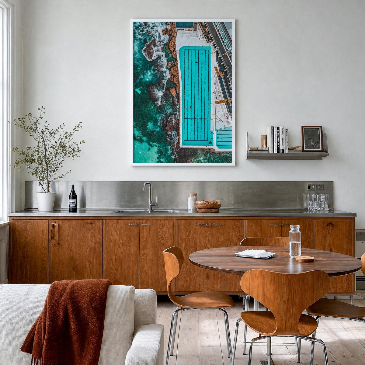 Bondi Beach no. 4 colorful photo poster of Sydney, New South Wales – vertical wall art in white wood frame, hanging on wall