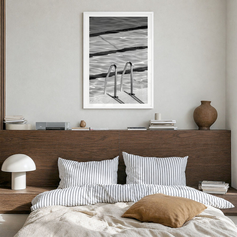 Bondi Beach Photo No 2 Poster in a white wood frame, hanging in a bedroom, white border