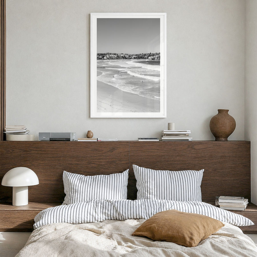 Bondi Beach Photo No 3 Poster in a white wood frame, hanging in a bedroom, white border