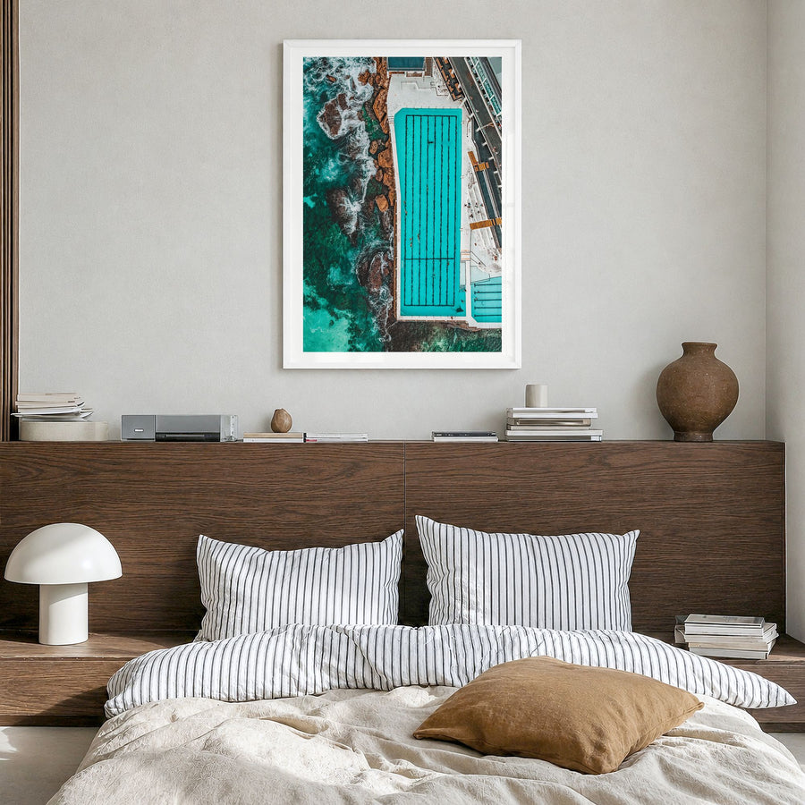 Bondi Beach Photo No 4 Poster in a white wood frame, hanging in a bedroom, white border