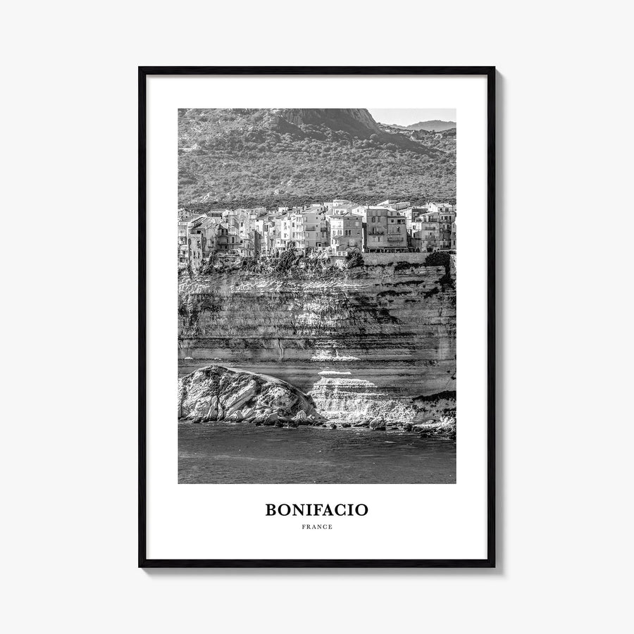 Bonifacio black & white classic poster of France – vertical wall art, unframed print shown in interior mockup
