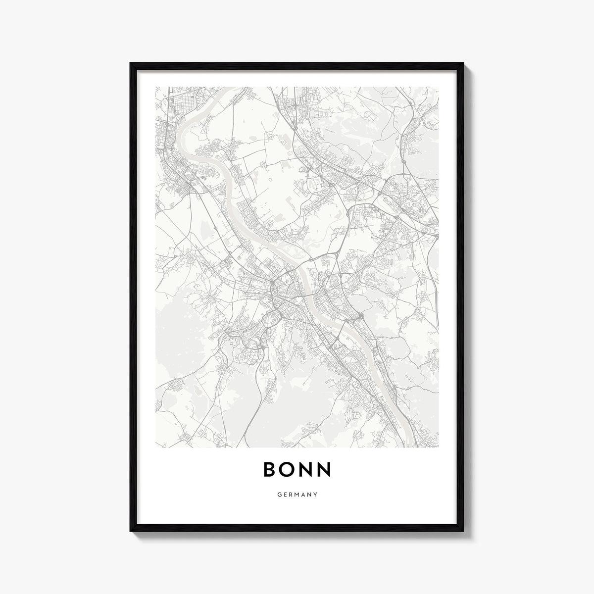 Bonn black & white map poster of Germany – vertical wall art, unframed print shown in interior mockup