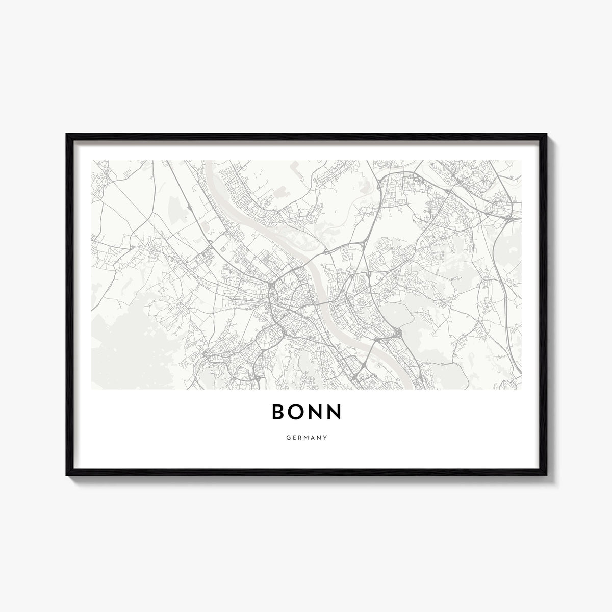 Bonn black & white map poster of Germany – horizontal wall art, unframed print shown in interior mockup