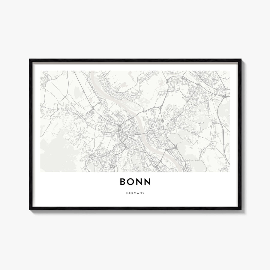 Bonn black & white map poster of Germany – horizontal wall art, unframed print shown in interior mockup