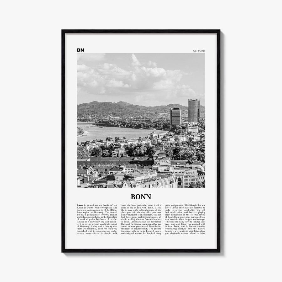 Bonn black & white newspaper poster of Germany – vertical wall art, unframed print shown in interior mockup