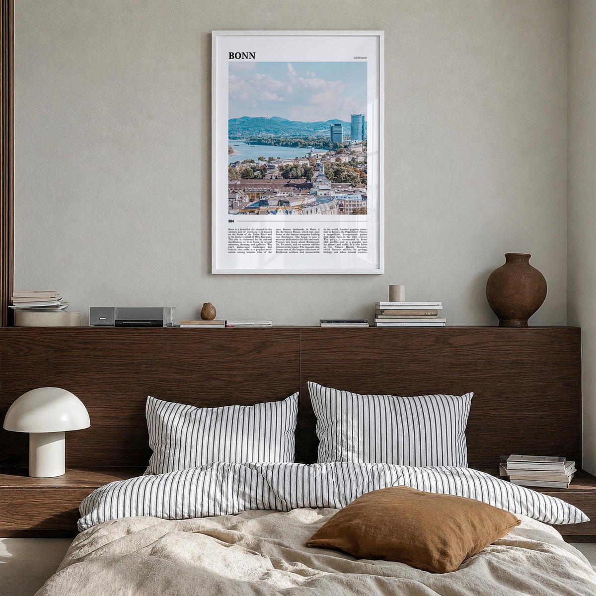 Bonn colorful travel poster of Germany – vertical wall art in white wood frame, hanging on wall