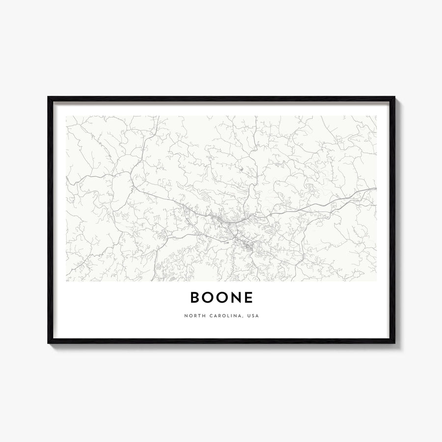 Boone black & white map poster of North Carolina, USA – horizontal wall art, unframed print shown in interior mockup