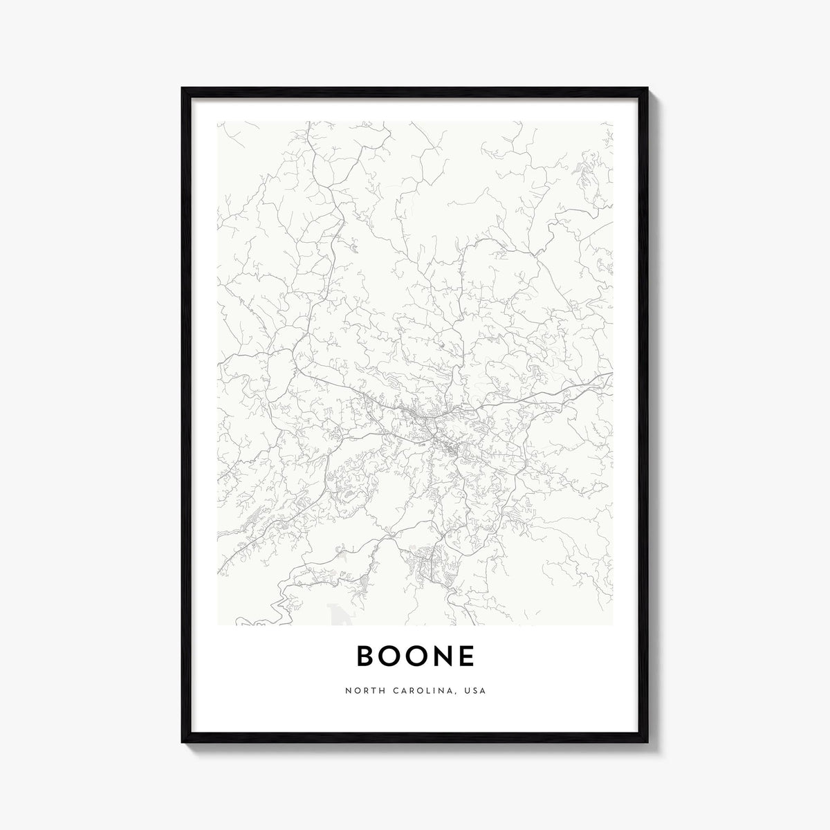 Boone black & white map poster of North Carolina, USA – vertical wall art, unframed print shown in interior mockup