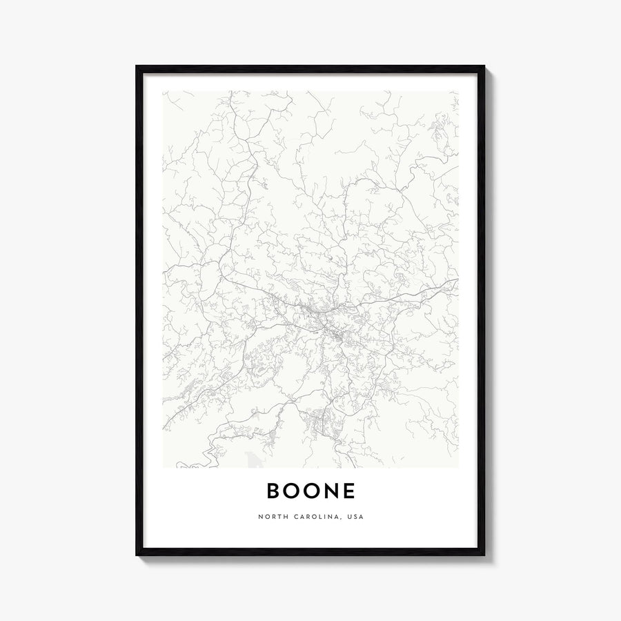 Boone black & white map poster of North Carolina, USA – vertical wall art, unframed print shown in interior mockup
