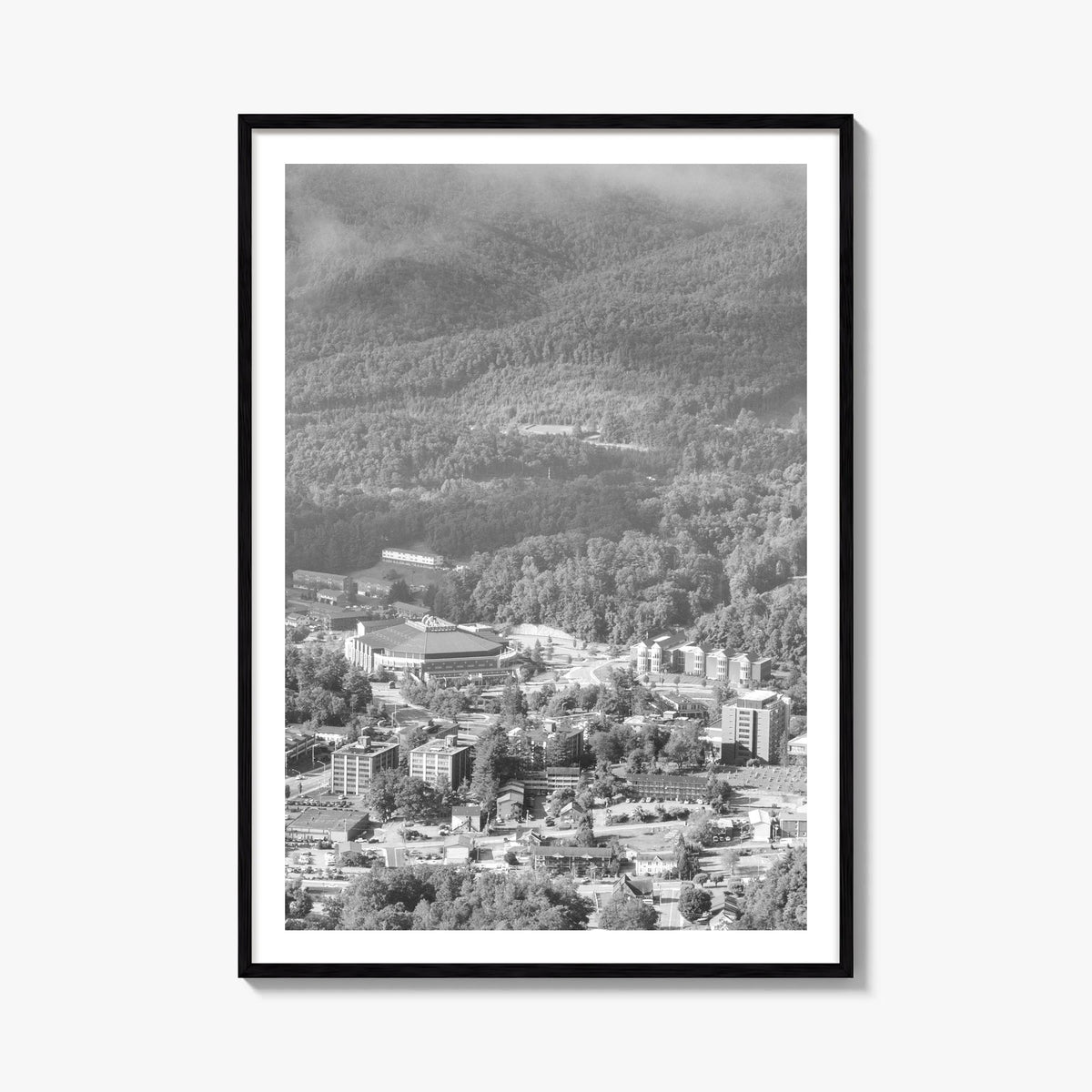 Boone black & white photo poster of North Carolina, USA – vertical wall art, unframed print shown in interior mockup