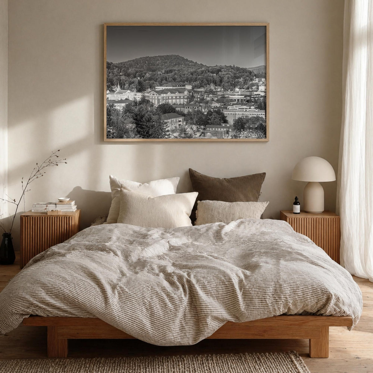 Boone black & white photo poster of North Carolina, USA – horizontal wall art in natural wood frame, hanging on wall