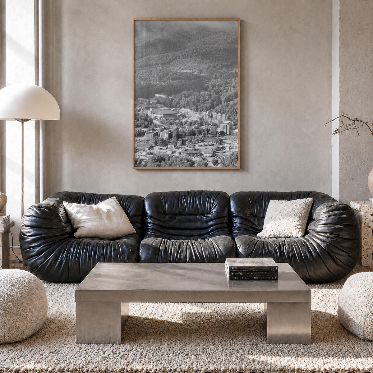 Boone black & white photo poster of North Carolina, USA – vertical wall art in natural wood frame, hanging on wall