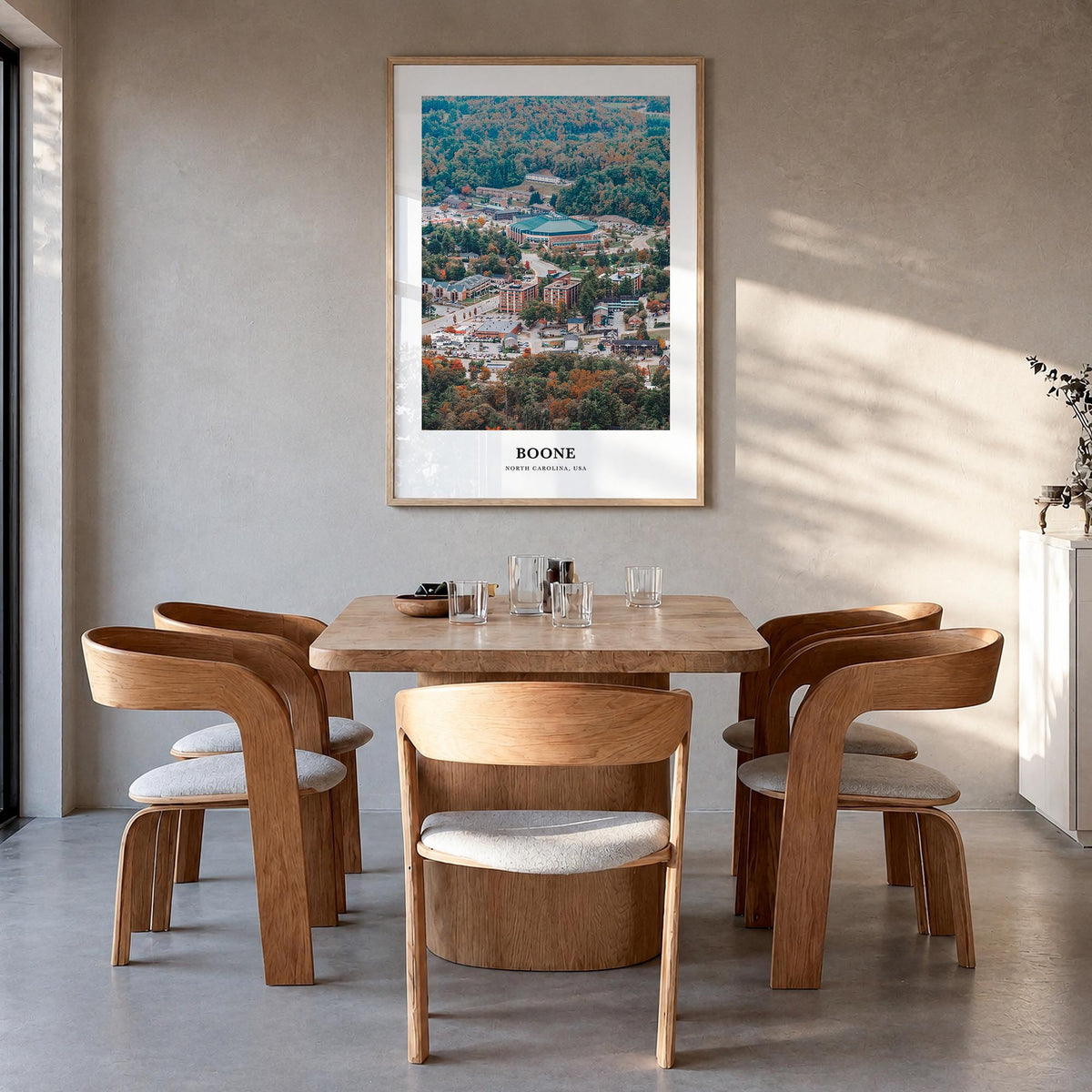 Boone colorful classic poster of North Carolina, USA – vertical wall art in natural wood frame, hanging on wall