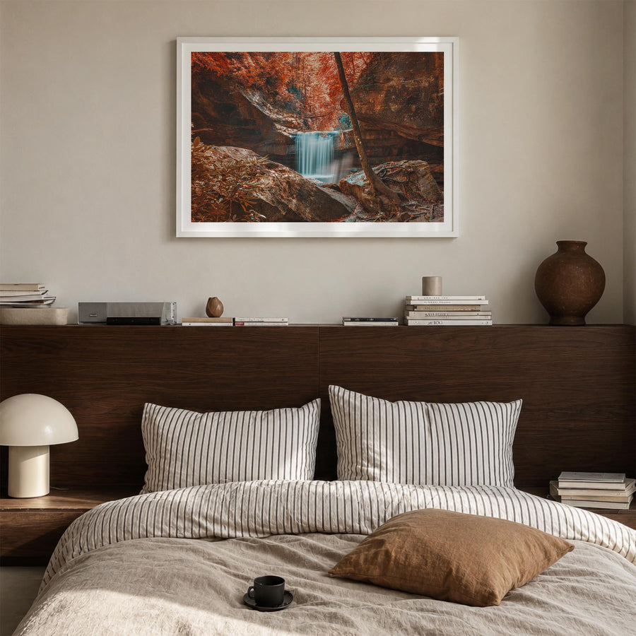 Boone colorful photo poster of North Carolina, USA – horizontal wall art in white wood frame with white border, hanging on wa