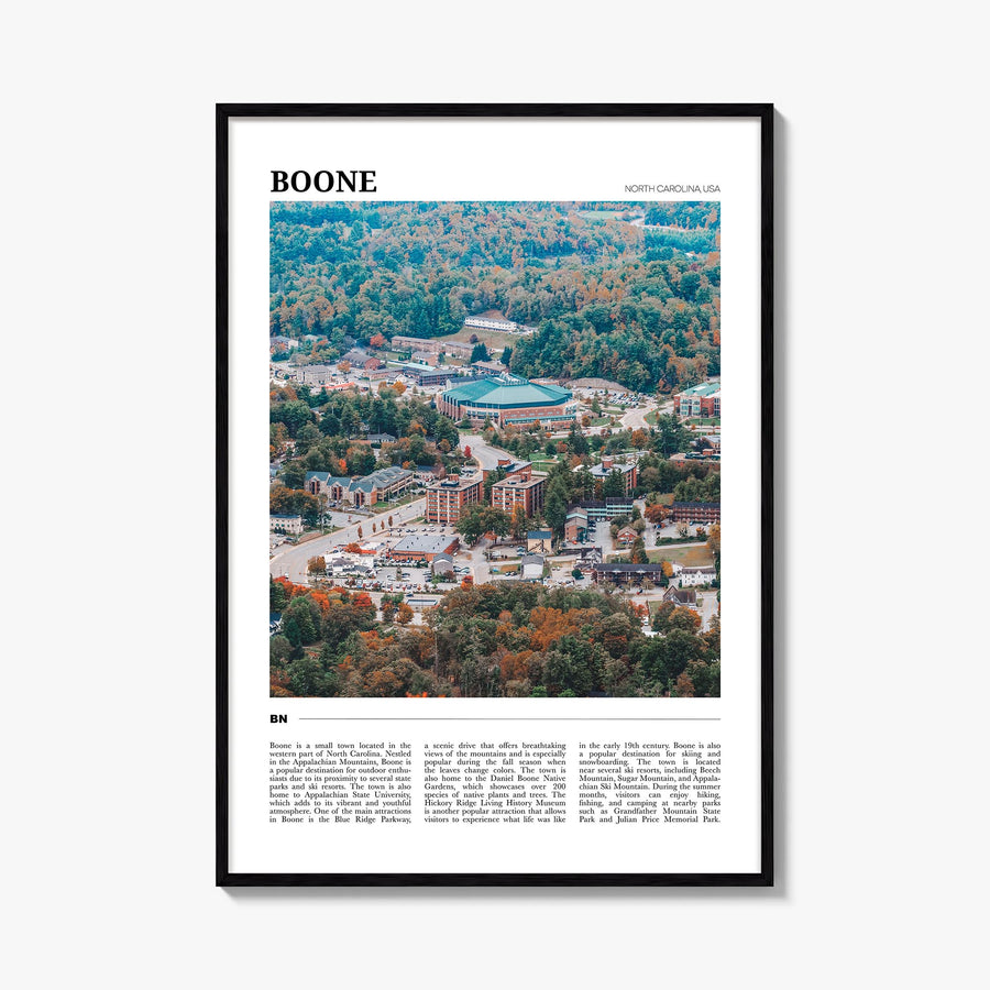 Boone colorful travel poster of North Carolina, USA – vertical wall art, unframed print shown in interior mockup