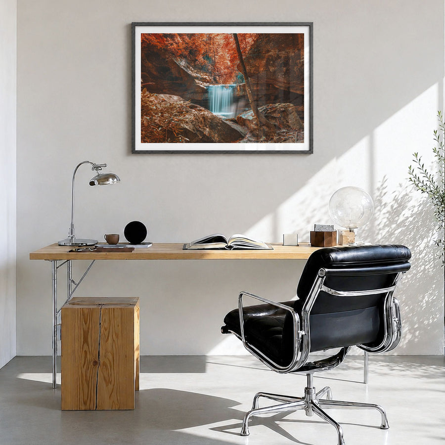 Boone Photo Poster in a black wood frame, hanging in a bright home office, white border