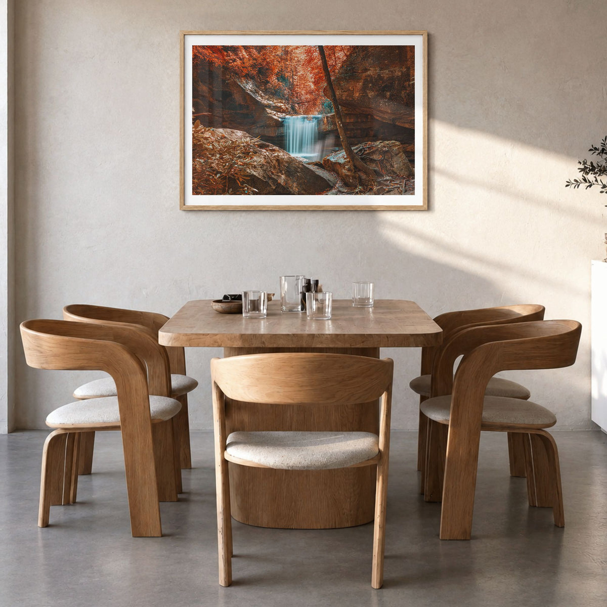 Boone Photo Poster in a natural wood frame, hanging in a dining room, white border