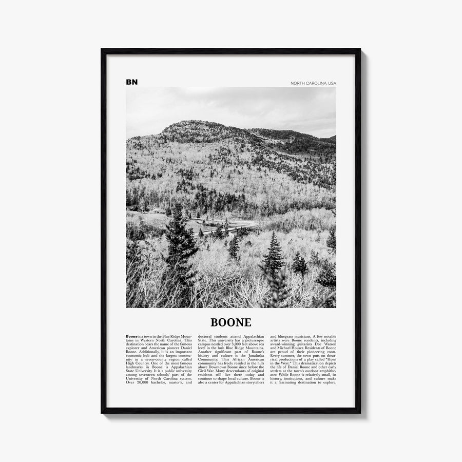 Boone no. 2 black & white newspaper poster of North Carolina, USA – vertical wall art, unframed print shown in interior mocku