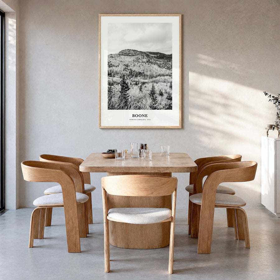 Boone Classic No 2 Poster in a natural wood frame, hanging in a dining room