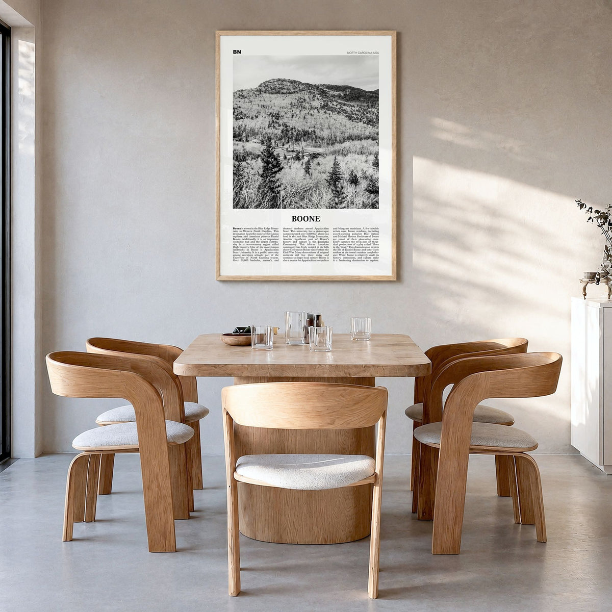 Boone Newspaper No 2 Poster in a natural wood frame, hanging in a dining room