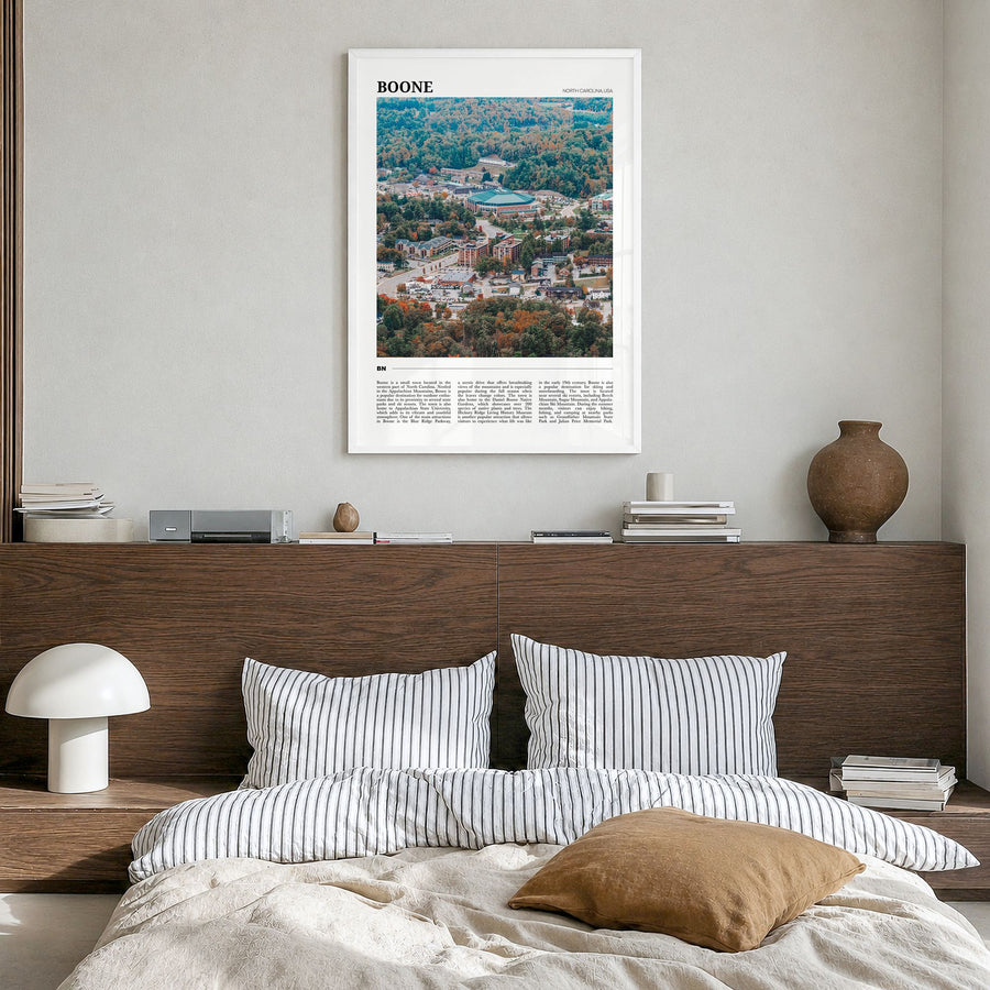 Boone Travel Poster in a white wood frame, hanging in a bedroom