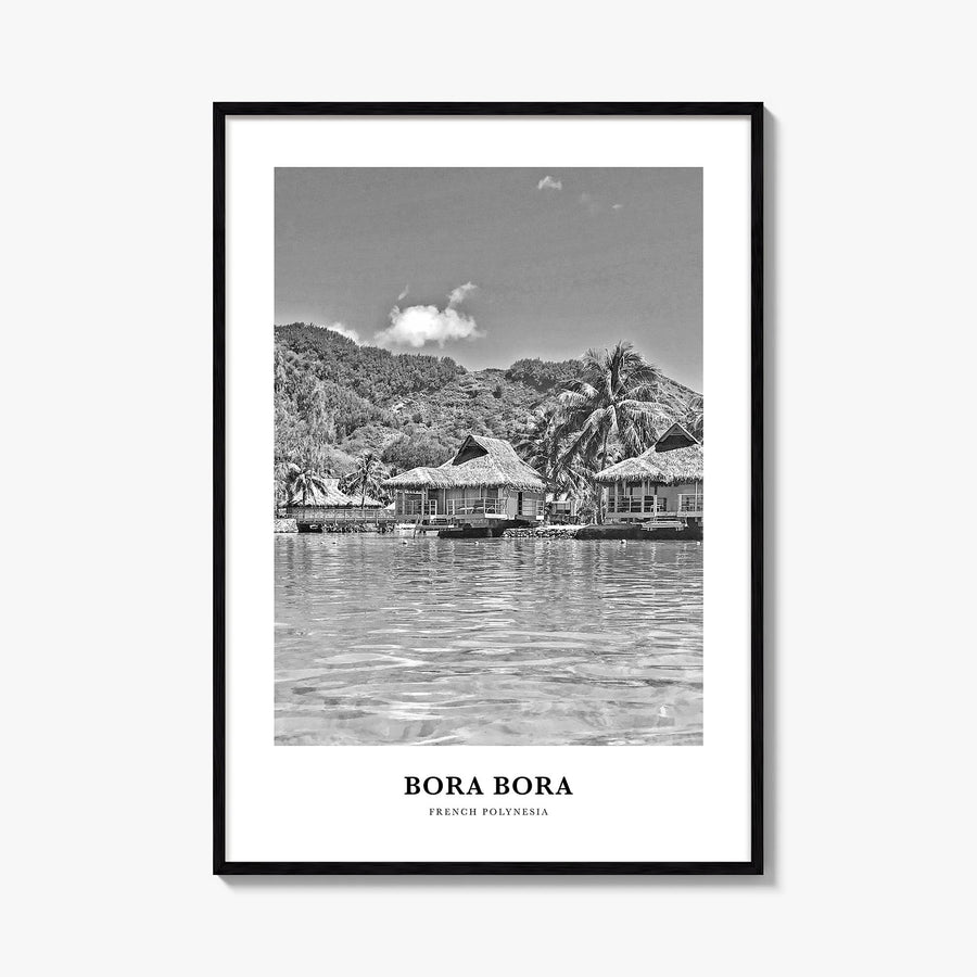 Bora Bora black & white classic poster of French Polynesia – vertical wall art, unframed print shown in interior mockup