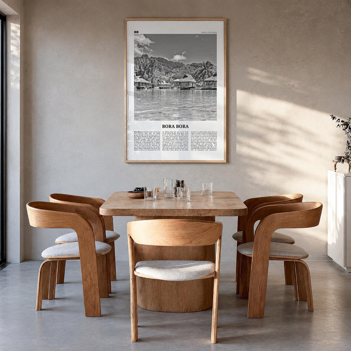 Bora Bora black & white newspaper poster of French Polynesia – vertical wall art in natural wood frame, hanging on wall