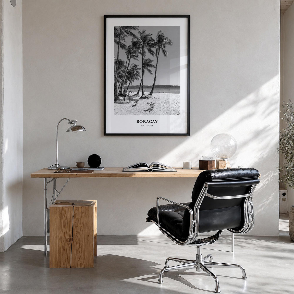 Boracay black & white classic poster of Philippines – vertical wall art in black wood frame, hanging on wall