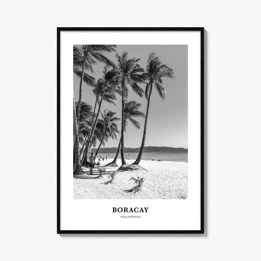 Boracay black & white classic poster of Philippines – vertical wall art, unframed print shown in interior mockup