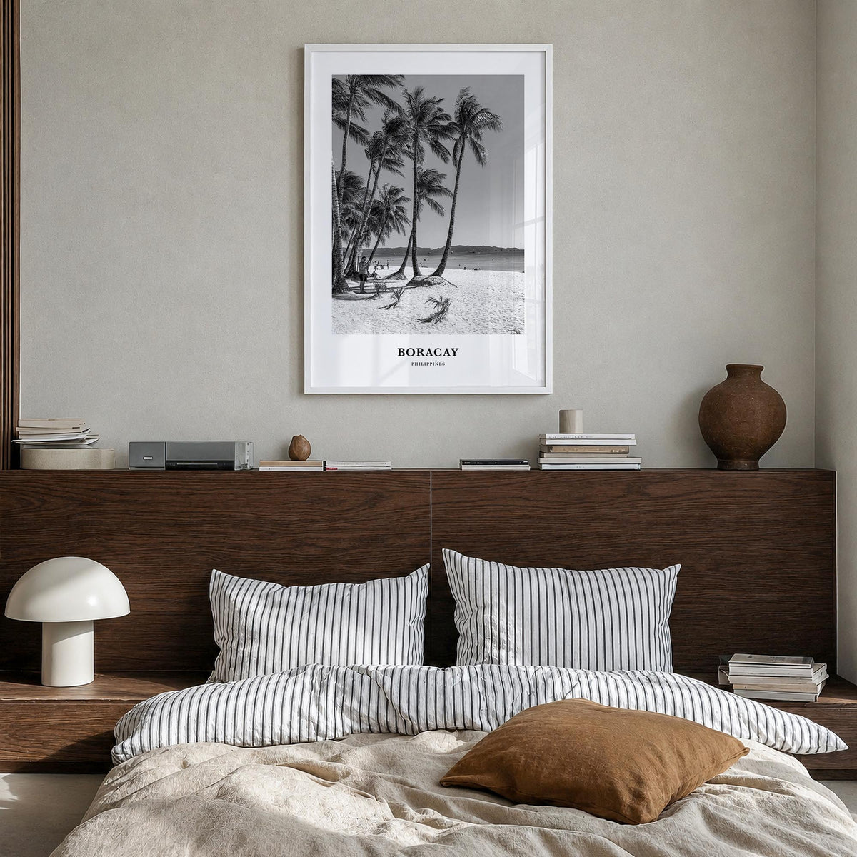 Boracay black & white classic poster of Philippines – vertical wall art in white wood frame, hanging on wall