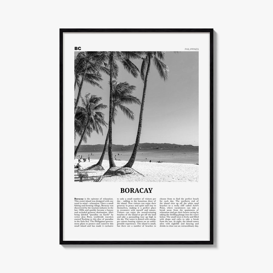 Boracay black & white newspaper poster of Philippines – vertical wall art, unframed print shown in interior mockup