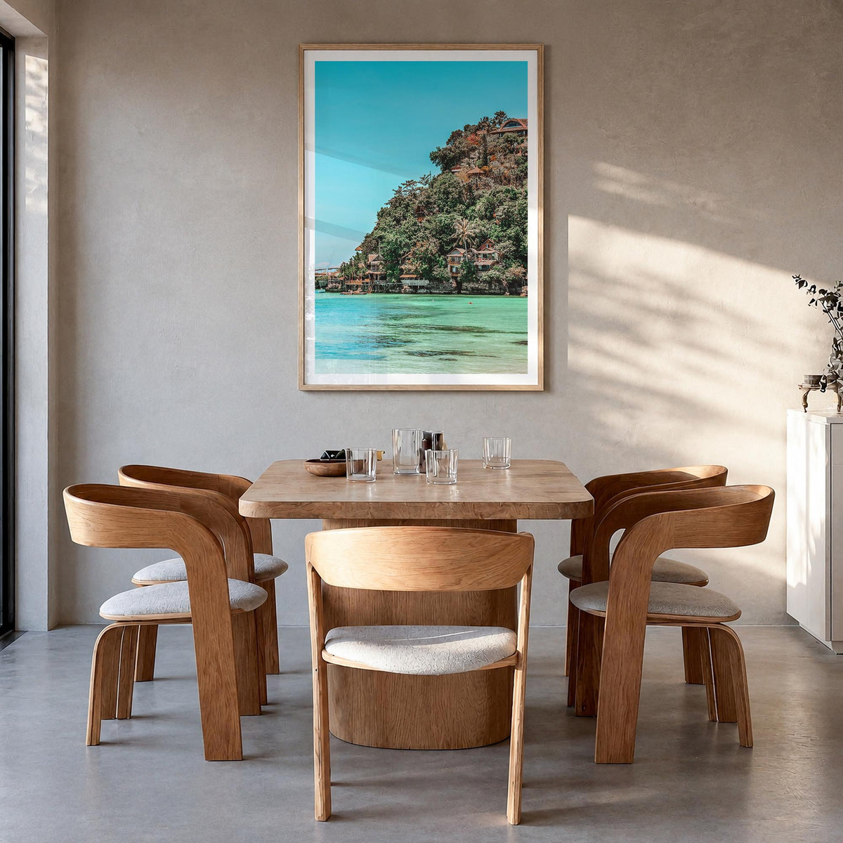Boracay colorful photo poster of Philippines – vertical wall art in natural wood frame with white border, hanging on wall