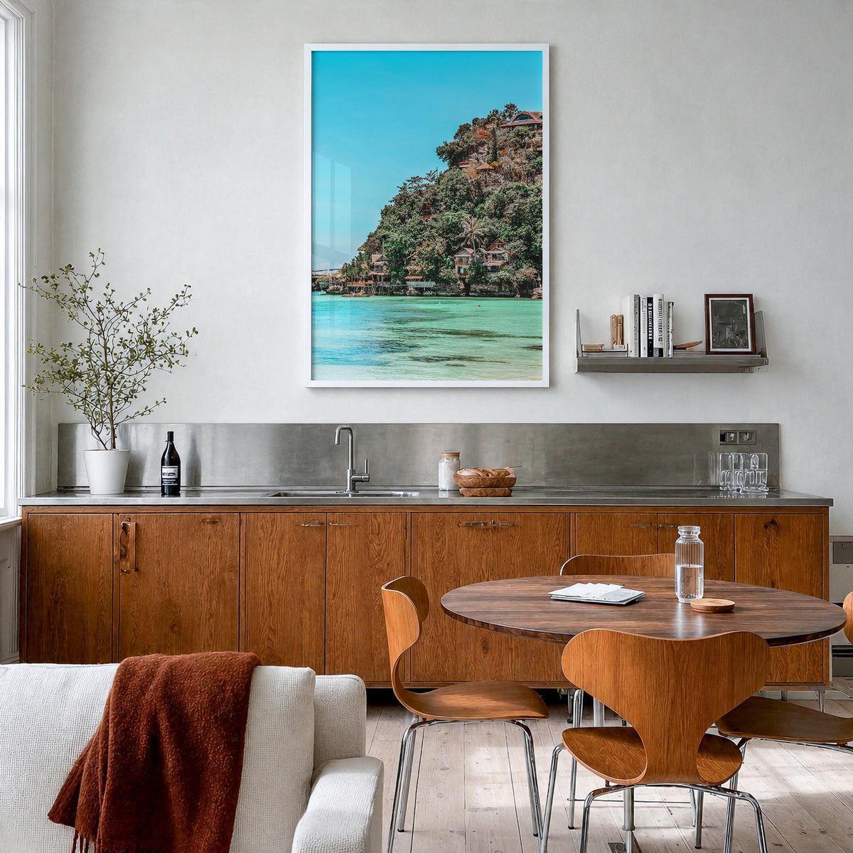 Boracay colorful photo poster of Philippines – vertical wall art in white wood frame, hanging on wall