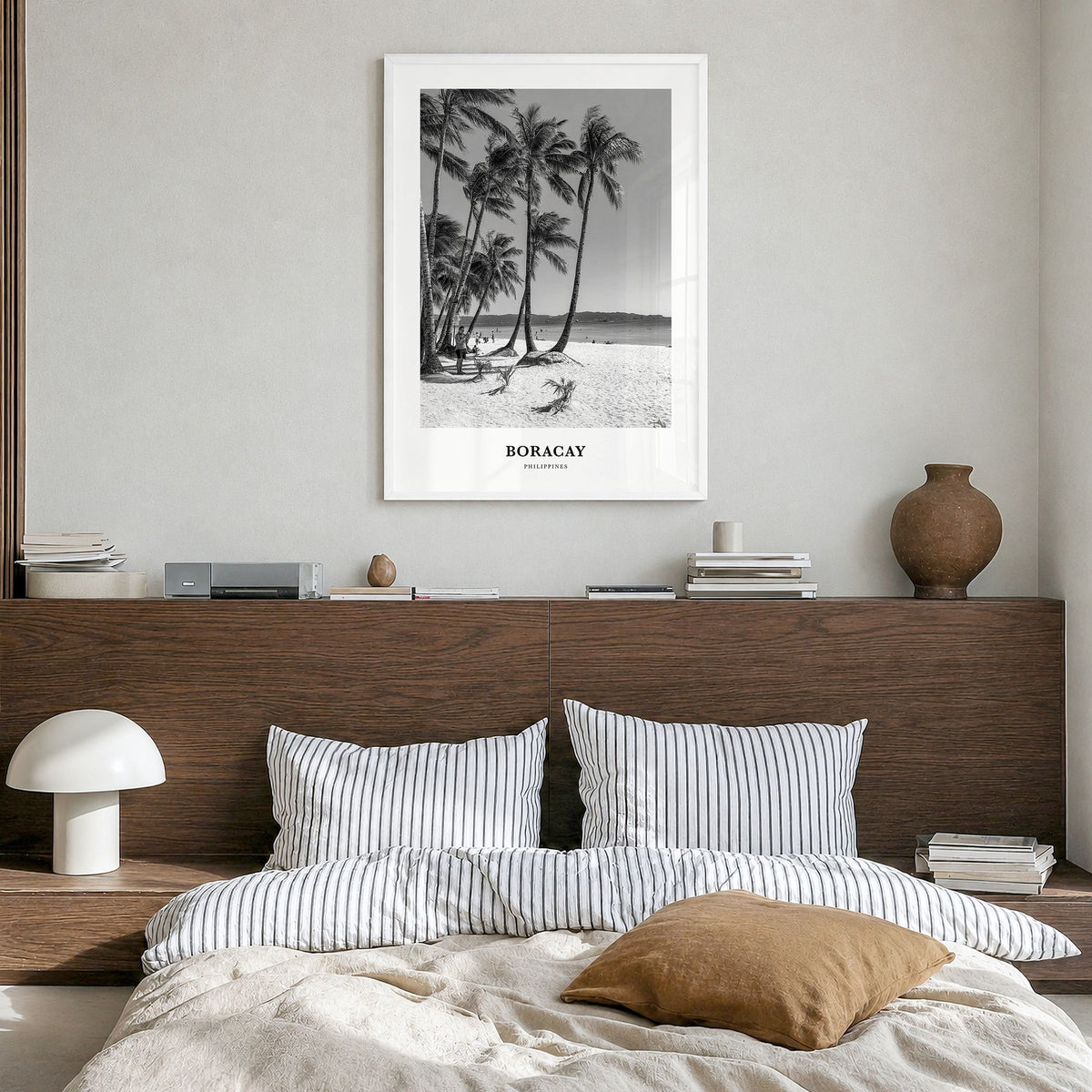 Boracay Classic Poster in a white wood frame, hanging in a bedroom