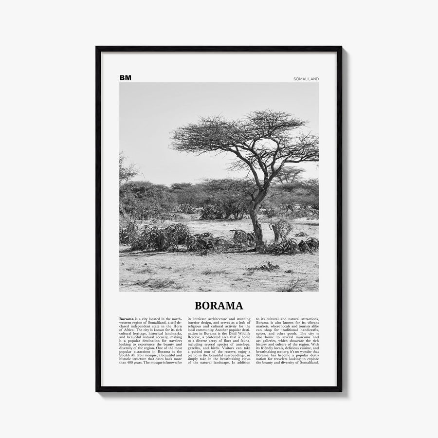 Borama black & white newspaper poster of Somalia – vertical wall art, unframed print shown in interior mockup