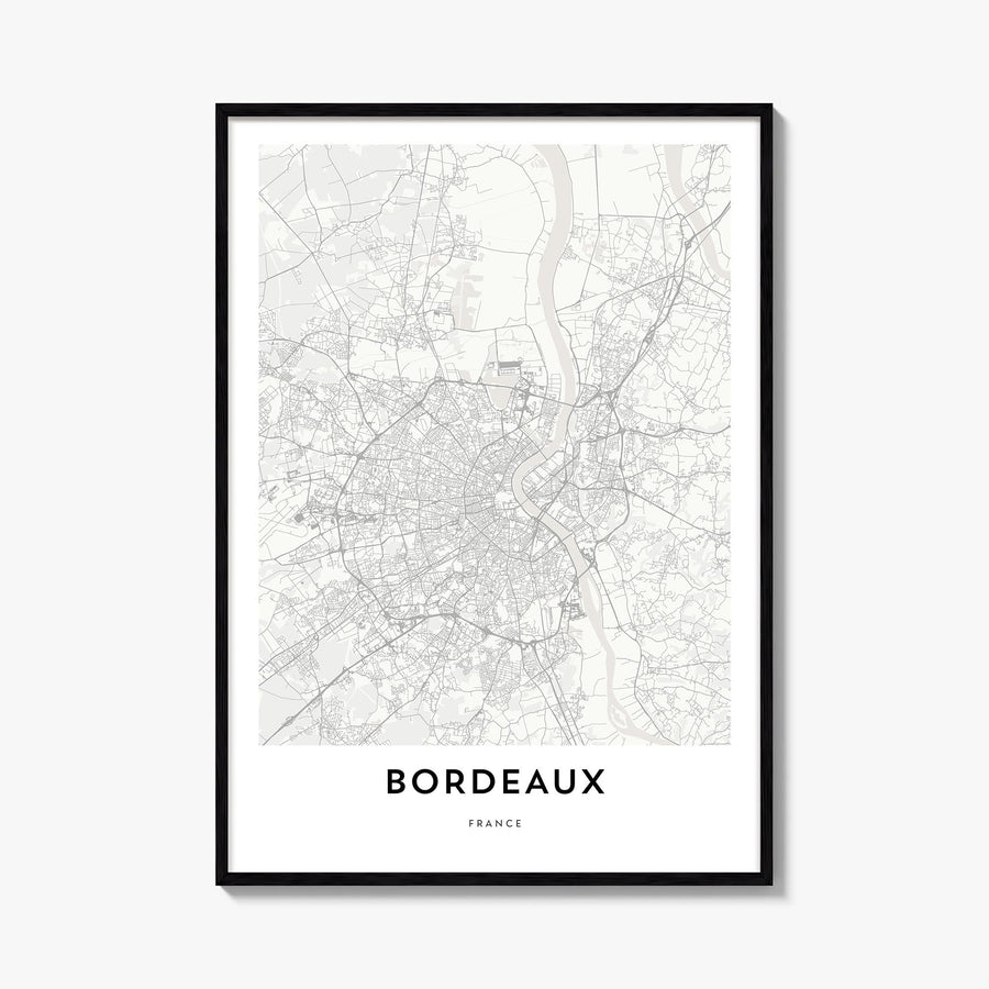 Bordeaux black & white map poster of France – vertical wall art, unframed print shown in interior mockup