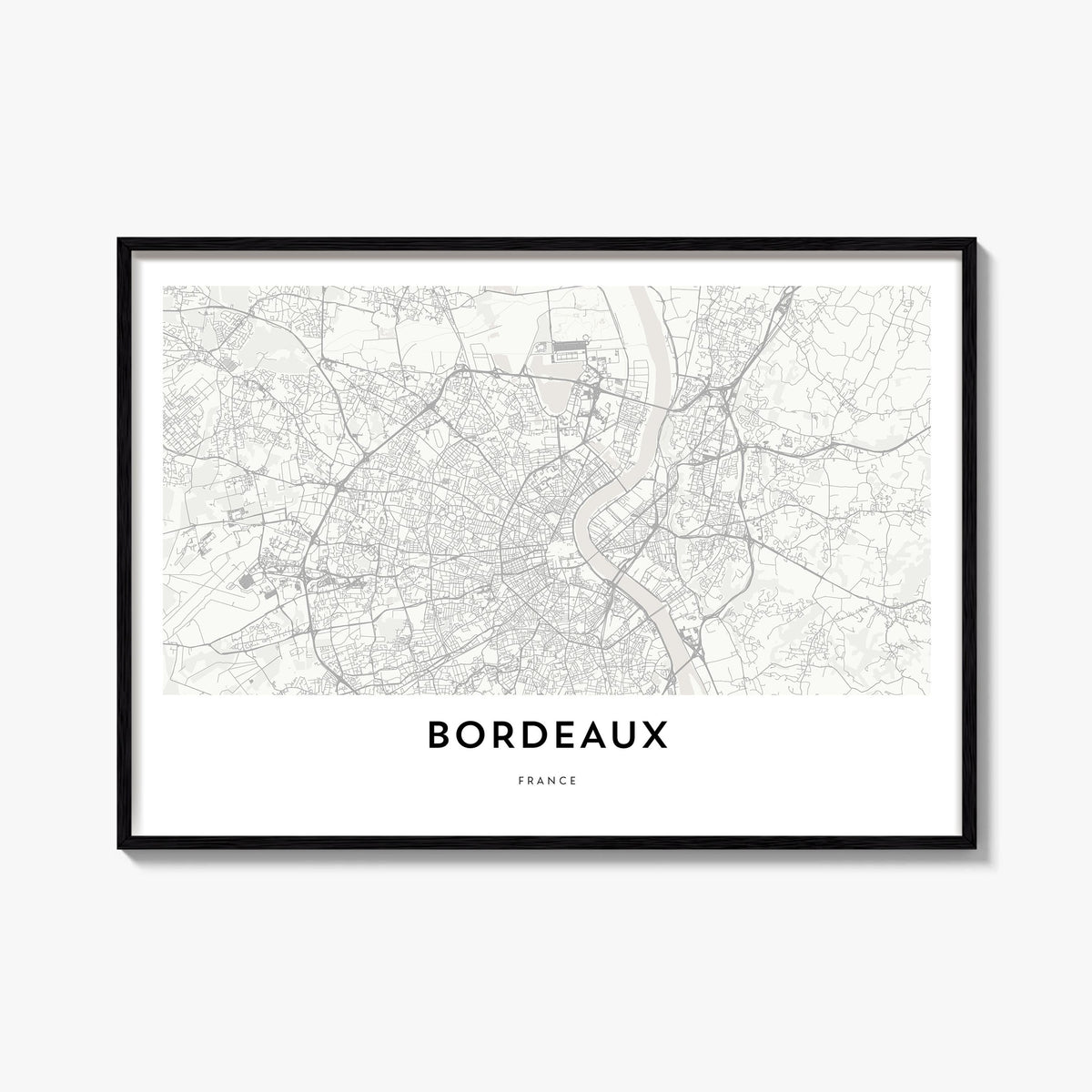 Bordeaux black & white map poster of France – horizontal wall art, unframed print shown in interior mockup